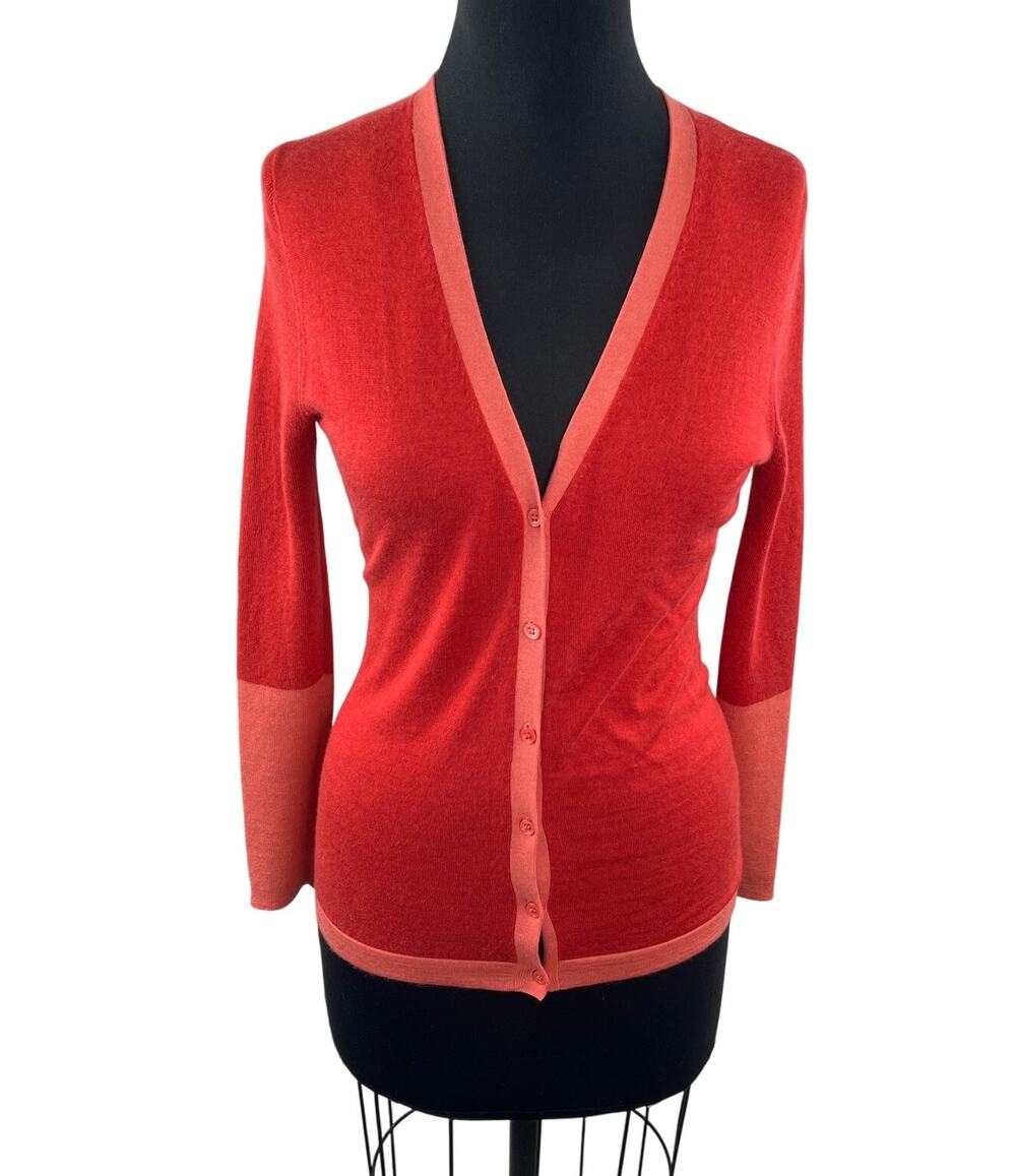 Saks Fifth Avenue Red Cardigan Sweater Silk Plunge Neck Button Front Size Medium